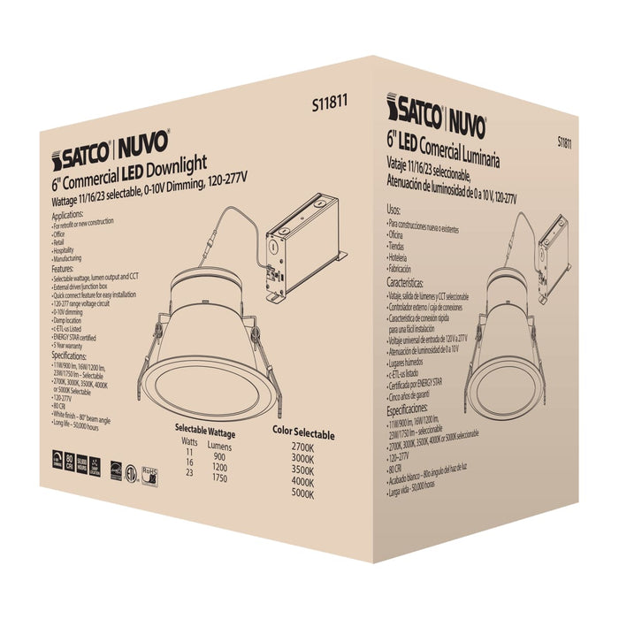 Commercial Downlight Retrofit Satco S11811 23 Watt Commercial LED Downlight - 6 in. - Color Adjustable - Lumen Adjustable - 120-277 volt Satco