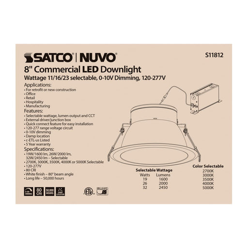 Commercial Downlight Retrofit Satco S11812 32 Watt Commercial LED Downlight - 8 in. - Color Adjustable - Lumen Adjustable - 120-277 volt Satco