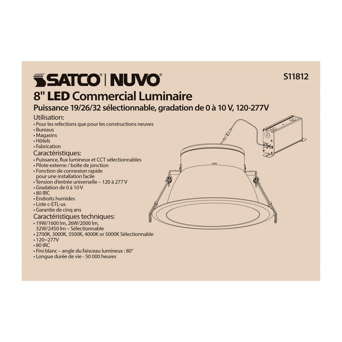 Commercial Downlight Retrofit Satco S11812 32 Watt Commercial LED Downlight - 8 in. - Color Adjustable - Lumen Adjustable - 120-277 volt Satco