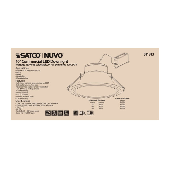 Commercial Downlight Retrofit Satco S11813 46 Watt Commercial LED Downlight - 10 in. - Color Adjustable - Lumen Adjustable - 120-277 volt Satco