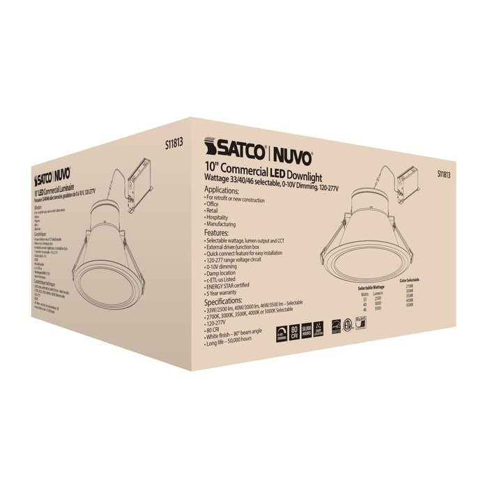 Commercial Downlight Retrofit Satco S11813 46 Watt Commercial LED Downlight - 10 in. - Color Adjustable - Lumen Adjustable - 120-277 volt Satco
