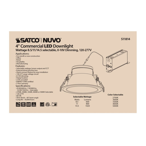 Commercial Downlight Retrofit Satco S11814 14.5 Watt Commercial LED Downlight - 4 in. - Color Adjustable - Lumen Adjustable - 120-277 volt Satco