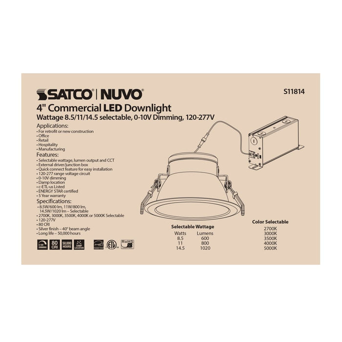 Commercial Downlight Retrofit Satco S11814 14.5 Watt Commercial LED Downlight - 4 in. - Color Adjustable - Lumen Adjustable - 120-277 volt Satco