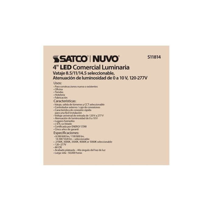Commercial Downlight Retrofit Satco S11814 14.5 Watt Commercial LED Downlight - 4 in. - Color Adjustable - Lumen Adjustable - 120-277 volt Satco
