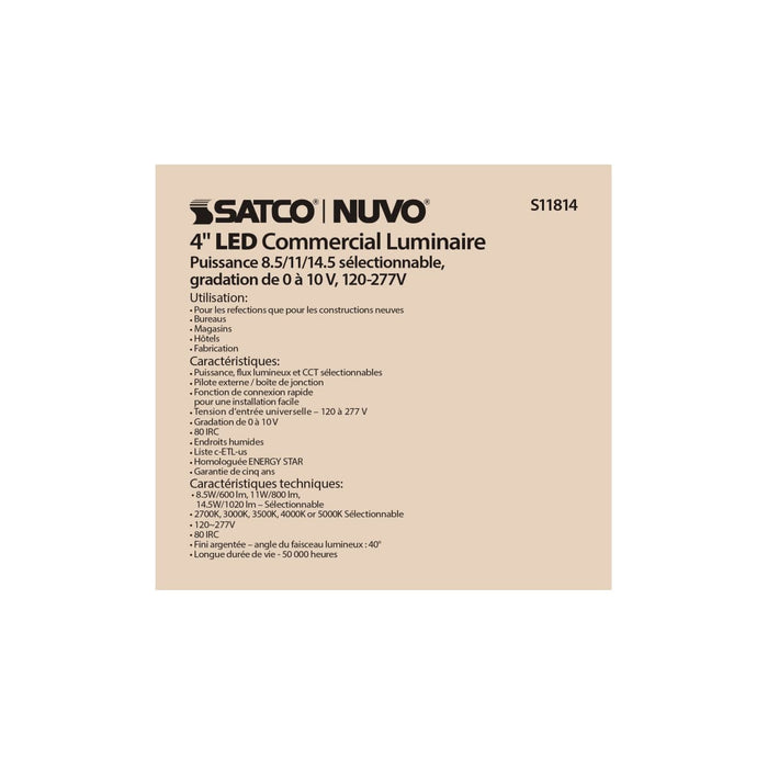 Commercial Downlight Retrofit Satco S11814 14.5 Watt Commercial LED Downlight - 4 in. - Color Adjustable - Lumen Adjustable - 120-277 volt Satco