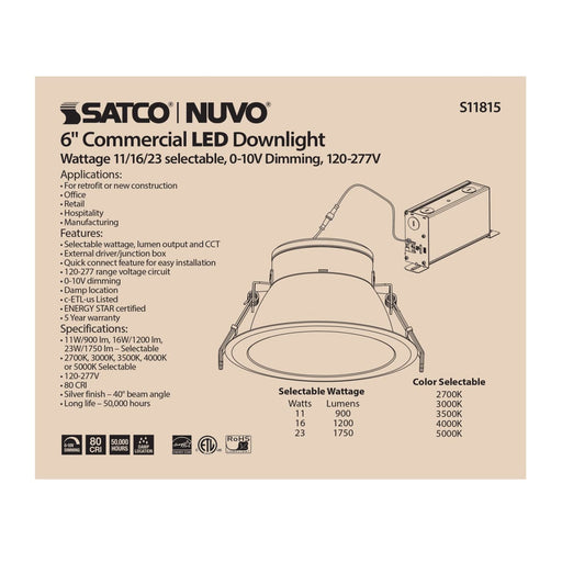 Commercial Downlight Retrofit Satco S11815 23 Watt Commercial LED Downlight - 6 in. - Color Adjustable - Lumen Adjustable - 120-277 volt Satco