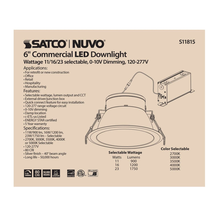 Commercial Downlight Retrofit Satco S11815 23 Watt Commercial LED Downlight - 6 in. - Color Adjustable - Lumen Adjustable - 120-277 volt Satco