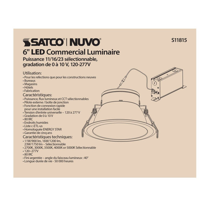 Commercial Downlight Retrofit Satco S11815 23 Watt Commercial LED Downlight - 6 in. - Color Adjustable - Lumen Adjustable - 120-277 volt Satco