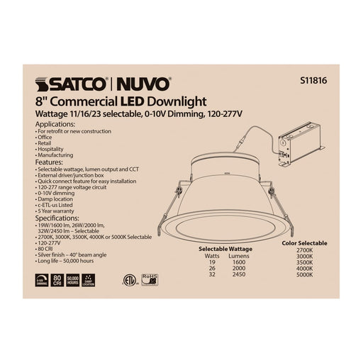 Commercial Downlight Retrofit Satco S11816 32 Watt Commercial LED Downlight - 8 in. - Color Adjustable - Lumen Adjustable - 120-277 volt Satco