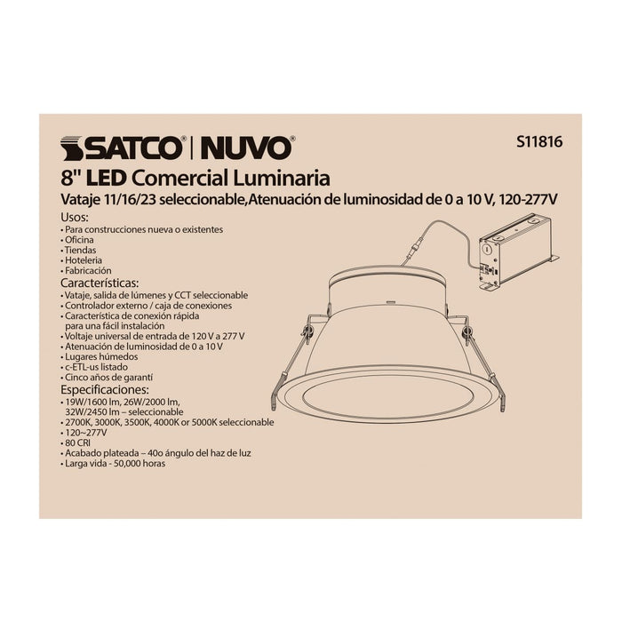 Commercial Downlight Retrofit Satco S11816 32 Watt Commercial LED Downlight - 8 in. - Color Adjustable - Lumen Adjustable - 120-277 volt Satco