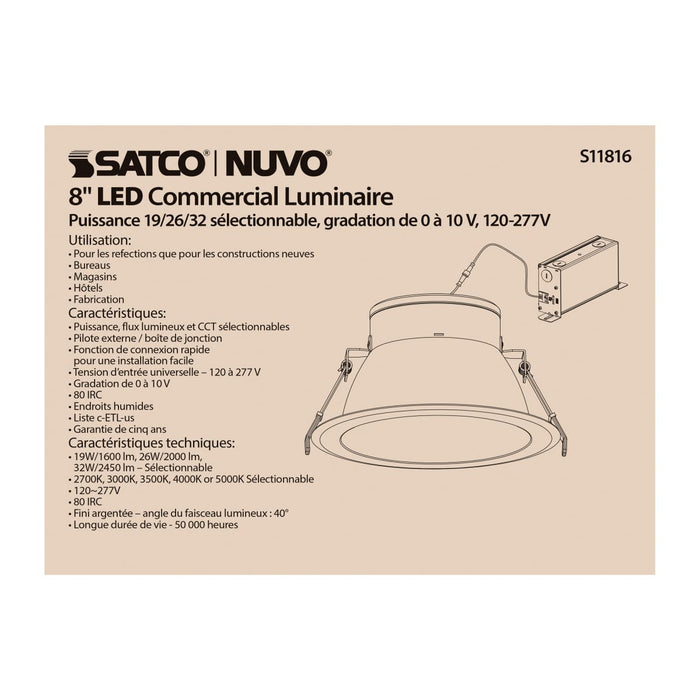 Commercial Downlight Retrofit Satco S11816 32 Watt Commercial LED Downlight - 8 in. - Color Adjustable - Lumen Adjustable - 120-277 volt Satco