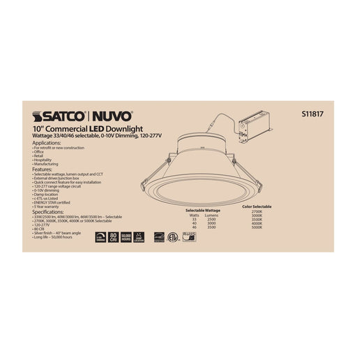Commercial Downlight Retrofit Satco S11817 46 Watt Commercial LED Downlight - 10 in. - Color Adjustable - Lumen Adjustable - 120-277 volt Satco