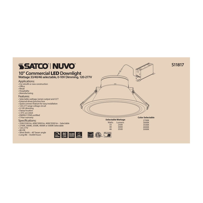 Commercial Downlight Retrofit Satco S11817 46 Watt Commercial LED Downlight - 10 in. - Color Adjustable - Lumen Adjustable - 120-277 volt Satco