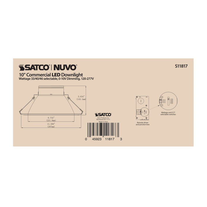 Commercial Downlight Retrofit Satco S11817 46 Watt Commercial LED Downlight - 10 in. - Color Adjustable - Lumen Adjustable - 120-277 volt Satco