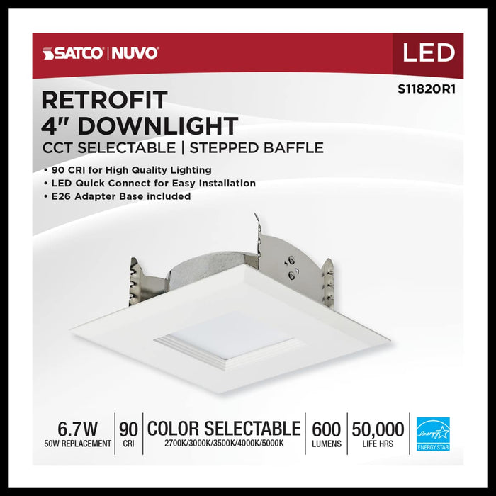 Downlight Retrofit Satco S11820R1 6.7 Watt LED Downlight Retrofit - 4 Inches - CCT Selectable - Square - White Finish - 120 Volt Satco
