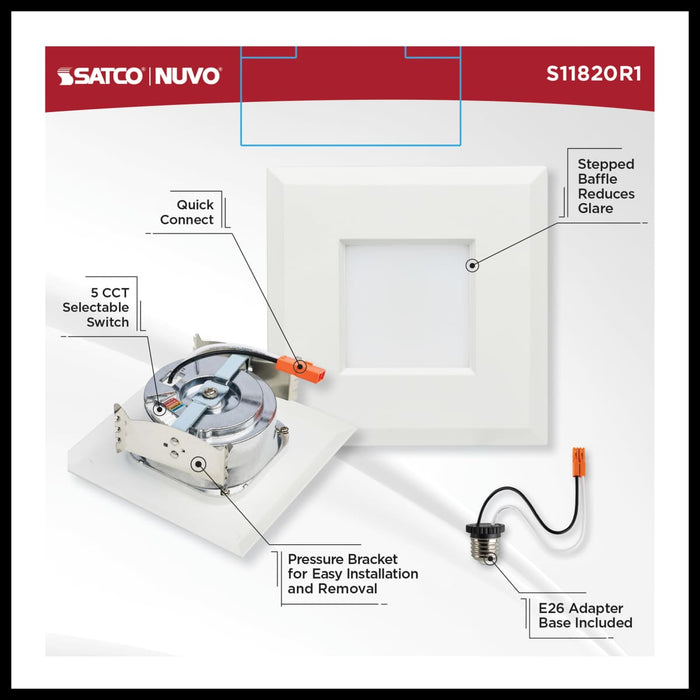 Downlight Retrofit Satco S11820R1 6.7 Watt LED Downlight Retrofit - 4 Inches - CCT Selectable - Square - White Finish - 120 Volt Satco