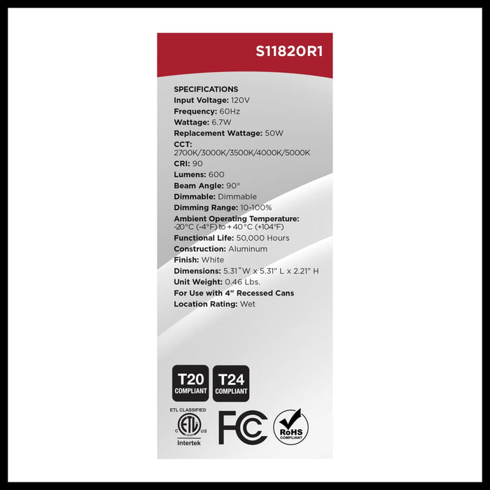 Downlight Retrofit Satco S11820R1 6.7 Watt LED Downlight Retrofit - 4 Inches - CCT Selectable - Square - White Finish - 120 Volt Satco