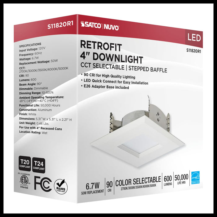 Downlight Retrofit Satco S11820R1 6.7 Watt LED Downlight Retrofit - 4 Inches - CCT Selectable - Square - White Finish - 120 Volt Satco