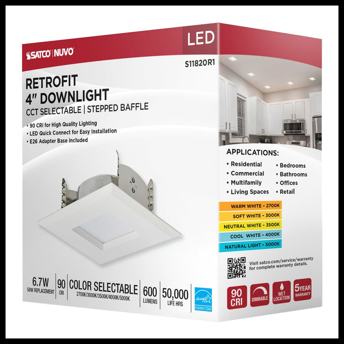 Downlight Retrofit Satco S11820R1 6.7 Watt LED Downlight Retrofit - 4 Inches - CCT Selectable - Square - White Finish - 120 Volt Satco