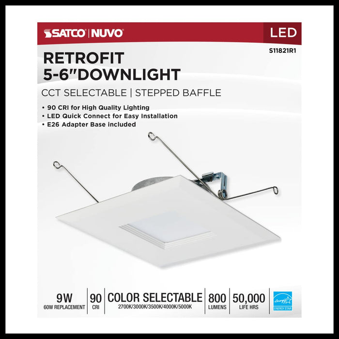 Downlight Retrofit Satco S11821R1 9 Watt LED Downlight Retrofit - 5-6 Inches - CCT Selectable - Square - White Finish - 120 Volt Satco