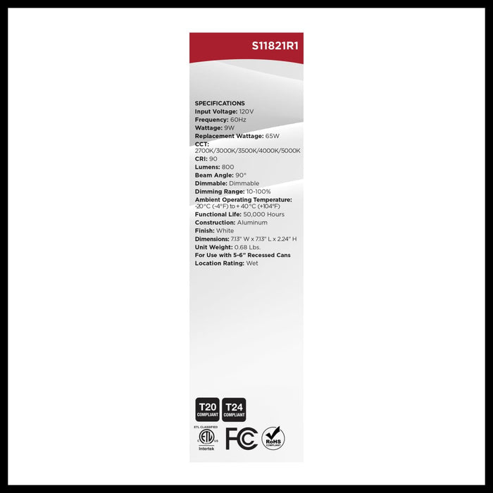 Downlight Retrofit Satco S11821R1 9 Watt LED Downlight Retrofit - 5-6 Inches - CCT Selectable - Square - White Finish - 120 Volt Satco
