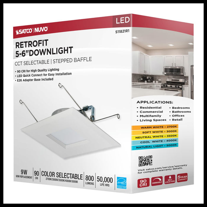 Downlight Retrofit Satco S11821R1 9 Watt LED Downlight Retrofit - 5-6 Inches - CCT Selectable - Square - White Finish - 120 Volt Satco