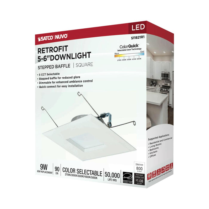 Downlight Retrofit Satco S11821R1 9 Watt LED Downlight Retrofit - 5-6 Inches - CCT Selectable - Square - White Finish - 120 Volt Satco