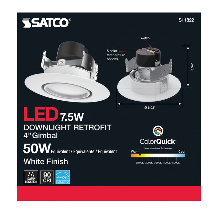 Downlight Retrofit Satco S11822 7.5 Watt LED Directional Retrofit Downlight - Gimbaled - 4 in. - Adjustable Color Temperature - 60 deg. Beam Angle - 120 Volt Satco