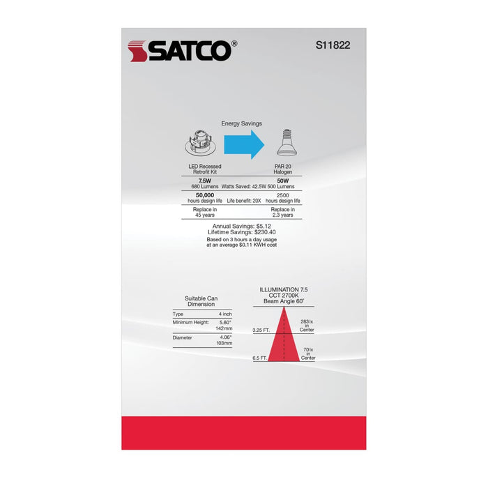 Downlight Retrofit Satco S11822 7.5 Watt LED Directional Retrofit Downlight - Gimbaled - 4 in. - Adjustable Color Temperature - 60 deg. Beam Angle - 120 Volt Satco