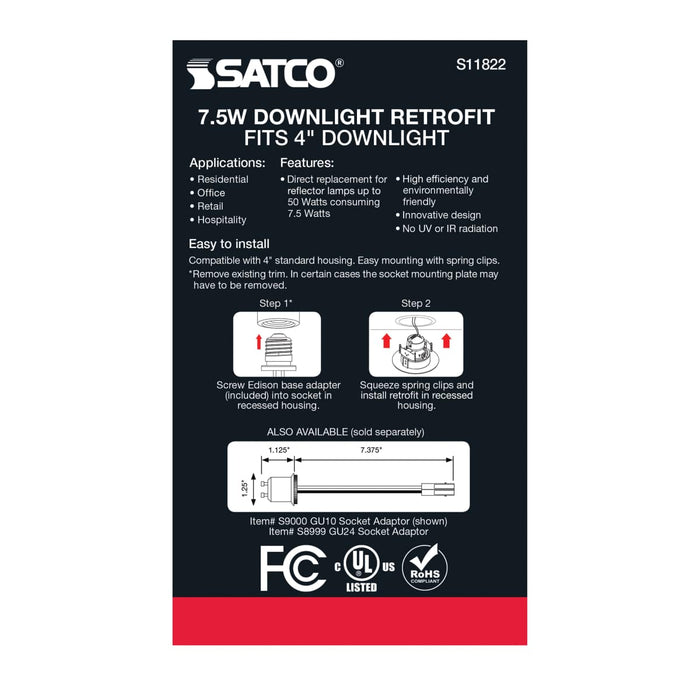 Downlight Retrofit Satco S11822 7.5 Watt LED Directional Retrofit Downlight - Gimbaled - 4 in. - Adjustable Color Temperature - 60 deg. Beam Angle - 120 Volt Satco