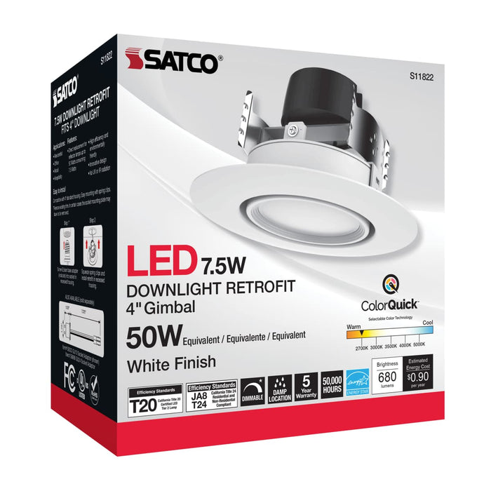 Downlight Retrofit Satco S11822 7.5 Watt LED Directional Retrofit Downlight - Gimbaled - 4 in. - Adjustable Color Temperature - 60 deg. Beam Angle - 120 Volt Satco
