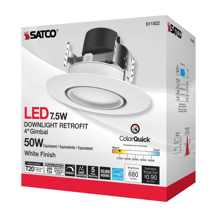 Downlight Retrofit Satco S11822 7.5 Watt LED Directional Retrofit Downlight - Gimbaled - 4 in. - Adjustable Color Temperature - 60 deg. Beam Angle - 120 Volt Satco