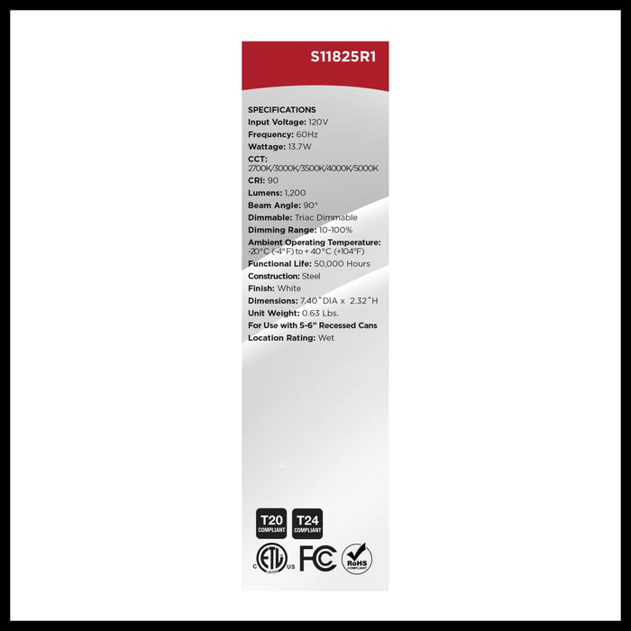 Downlight Retrofit Satco S11825R1 13.7 Watt LED Downlight Retrofit - 5-6 Inches - CCT Selectable - Round - White Finish - 120 Volt Satco