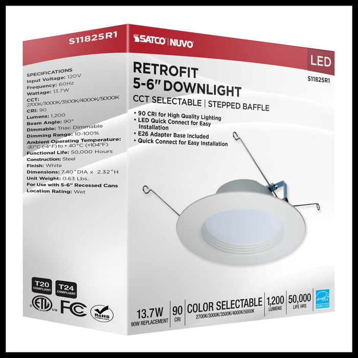 Downlight Retrofit Satco S11825R1 13.7 Watt LED Downlight Retrofit - 5-6 Inches - CCT Selectable - Round - White Finish - 120 Volt Satco