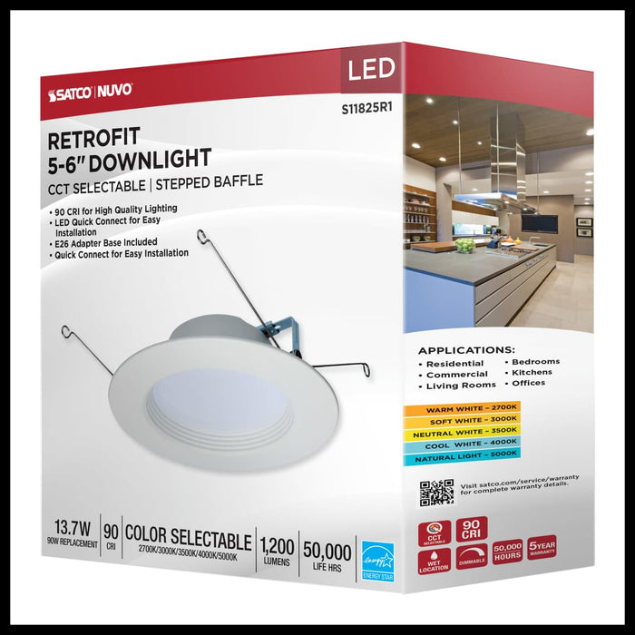 Downlight Retrofit Satco S11825R1 13.7 Watt LED Downlight Retrofit - 5-6 Inches - CCT Selectable - Round - White Finish - 120 Volt Satco