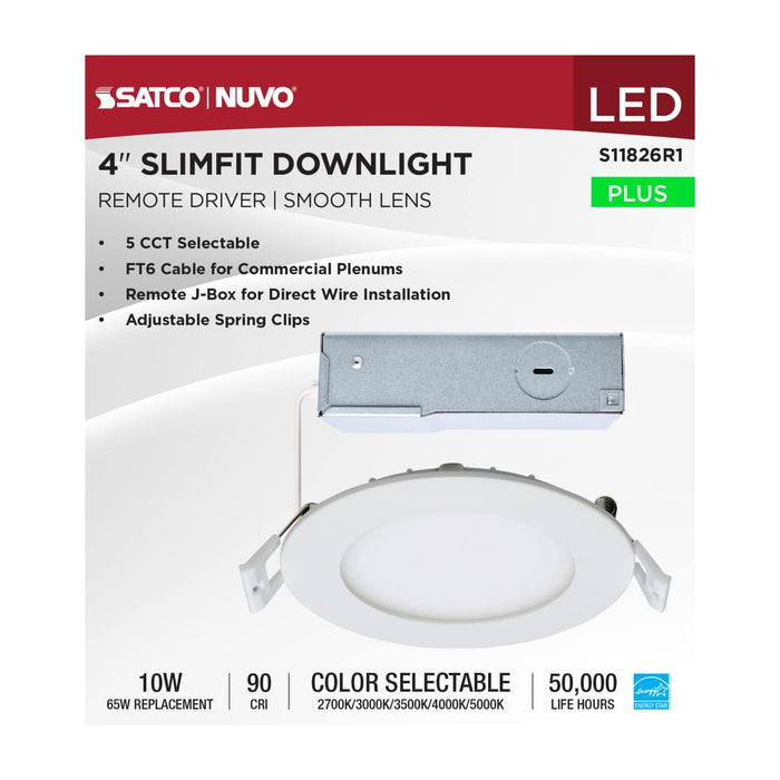 Direct Wire LED Downlight Satco S11826R1 10 Watt LED Direct Wire Downlight - Edge-lit - 4-Inch - CCT Selectable - Round - Remote Driver Satco