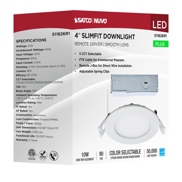 Direct Wire LED Downlight Satco S11826R1 10 Watt LED Direct Wire Downlight - Edge-lit - 4-Inch - CCT Selectable - Round - Remote Driver Satco