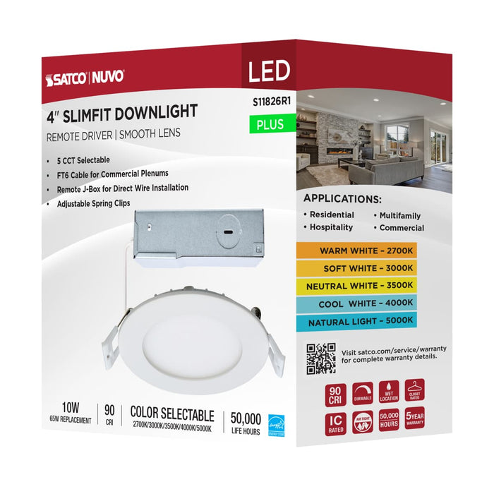Direct Wire LED Downlight Satco S11826R1 10 Watt LED Direct Wire Downlight - Edge-lit - 4-Inch - CCT Selectable - Round - Remote Driver Satco
