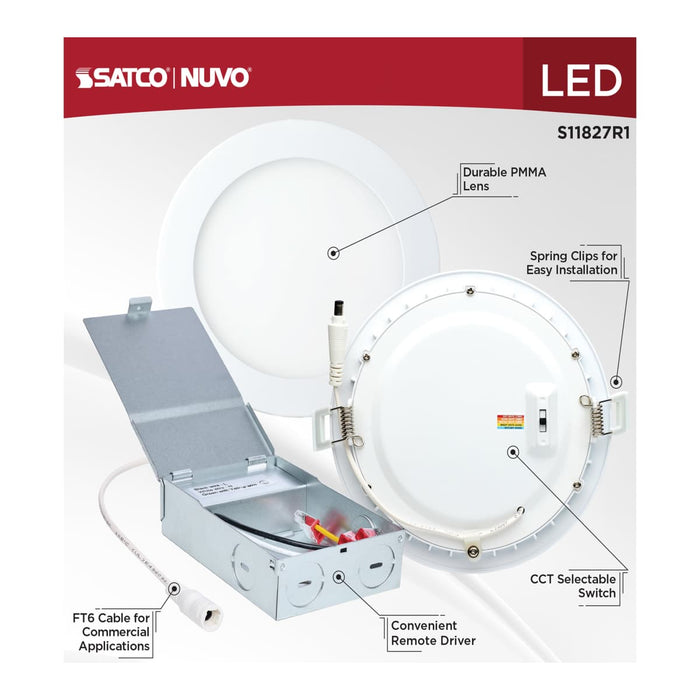 Direct Wire LED Downlight Satco S11827R1 12 Watt LED Direct Wire Downlight - Edge-lit - 6-Inch - CCT Selectable - Round - Remote Driver Satco