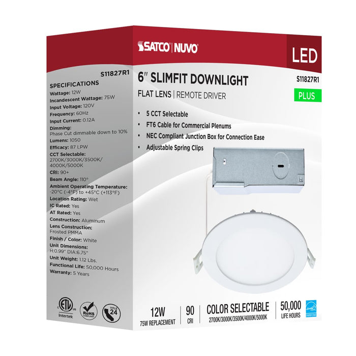 Direct Wire LED Downlight Satco S11827R1 12 Watt LED Direct Wire Downlight - Edge-lit - 6-Inch - CCT Selectable - Round - Remote Driver Satco