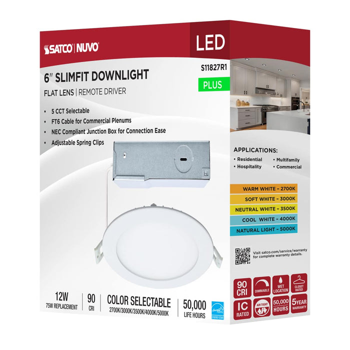 Direct Wire LED Downlight Satco S11827R1 12 Watt LED Direct Wire Downlight - Edge-lit - 6-Inch - CCT Selectable - Round - Remote Driver Satco