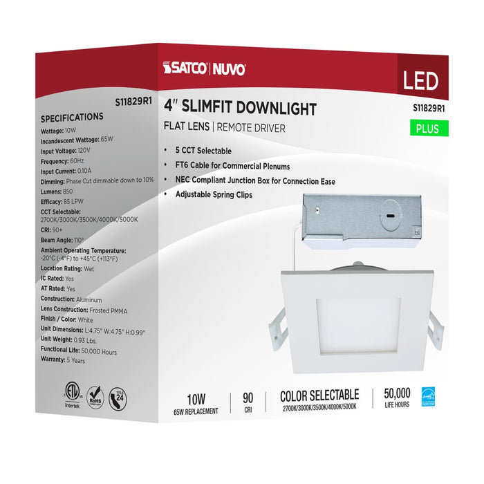 Direct Wire LED Downlight Satco S11829R1 10 Watt LED Direct Wire Downlight - Edge-lit - 4-Inch - CCT Selectable - Square - Remote Driver Satco