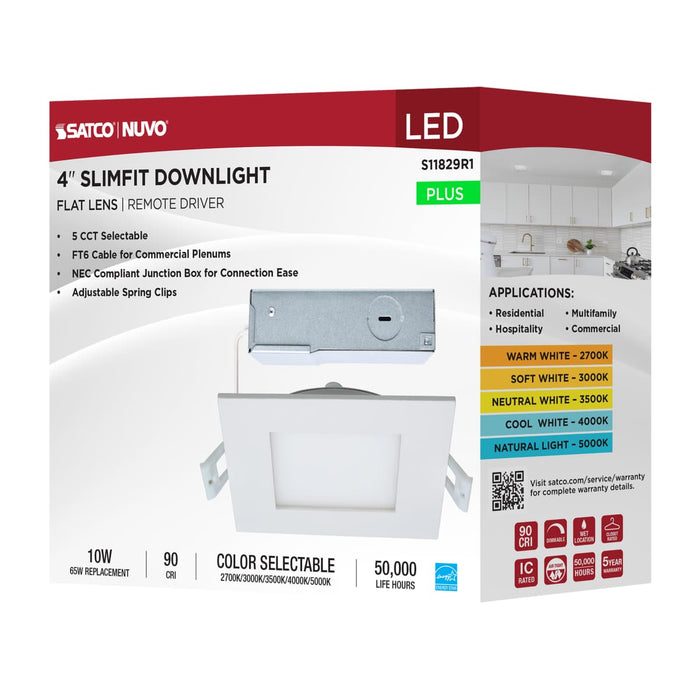 Direct Wire LED Downlight Satco S11829R1 10 Watt LED Direct Wire Downlight - Edge-lit - 4-Inch - CCT Selectable - Square - Remote Driver Satco