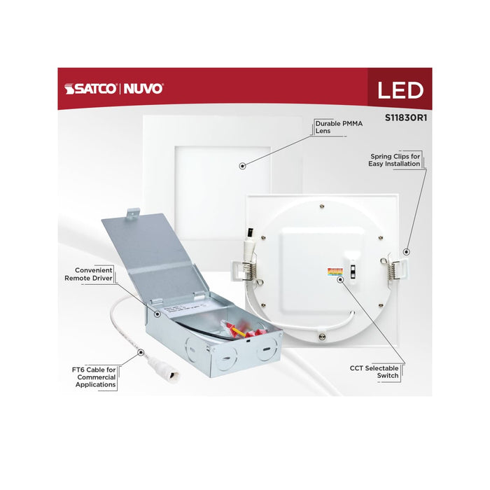 Direct Wire LED Downlight Satco S11830R1 12 Watt LED Direct Wire Downlight - Edge-lit - 6-Inch - CCT Selectable - Square - Remote Driver Satco