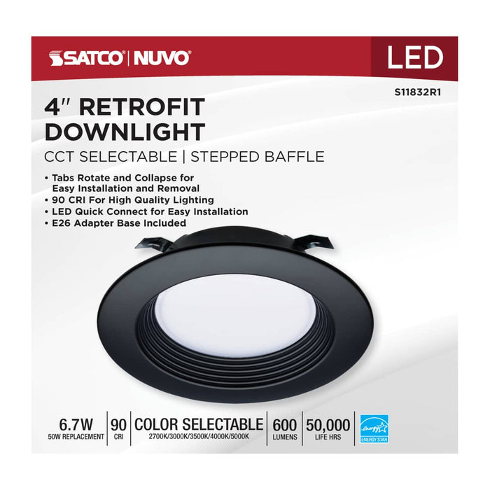 Downlight Retrofit Satco S11832R1 6.7 Watt - LED Downlight Retrofit - 4 Inch - CCT Selectable - 120 Volts - Black Finish Satco