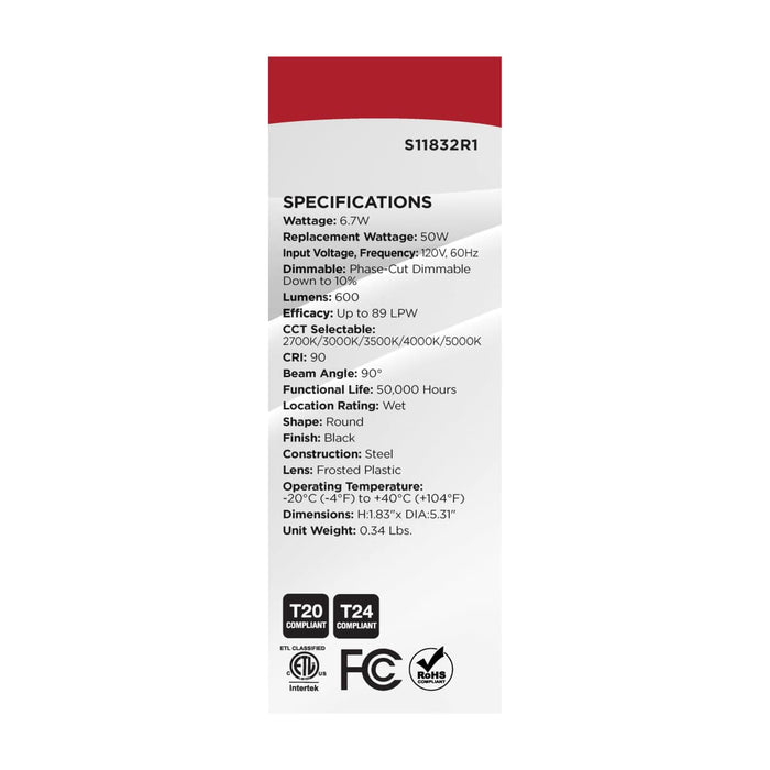 Downlight Retrofit Satco S11832R1 6.7 Watt - LED Downlight Retrofit - 4 Inch - CCT Selectable - 120 Volts - Black Finish Satco