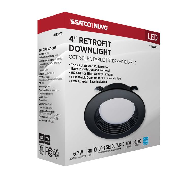 Downlight Retrofit Satco S11832R1 6.7 Watt - LED Downlight Retrofit - 4 Inch - CCT Selectable - 120 Volts - Black Finish Satco