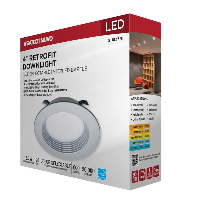 Downlight Retrofit Satco S11833R1 6.7 Watt - LED Downlight Retrofit - 4 Inch - CCT Selectable - 120 Volts - Brushed Nickel Finish Satco