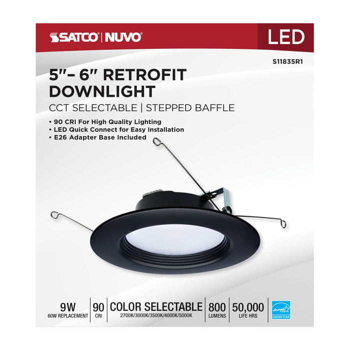 Downlight Retrofit Satco S11835R1 9 Watt - LED Downlight Retrofit - 5-6 Inch - CCT Selectable - 120 Volts - Black Finish Satco