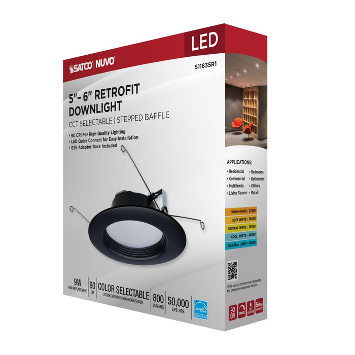 Downlight Retrofit Satco S11835R1 9 Watt - LED Downlight Retrofit - 5-6 Inch - CCT Selectable - 120 Volts - Black Finish Satco
